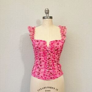 LULUS Flirtatious Sweetness Tank Top Hot Pink Floral Ruched Ruffled NWT